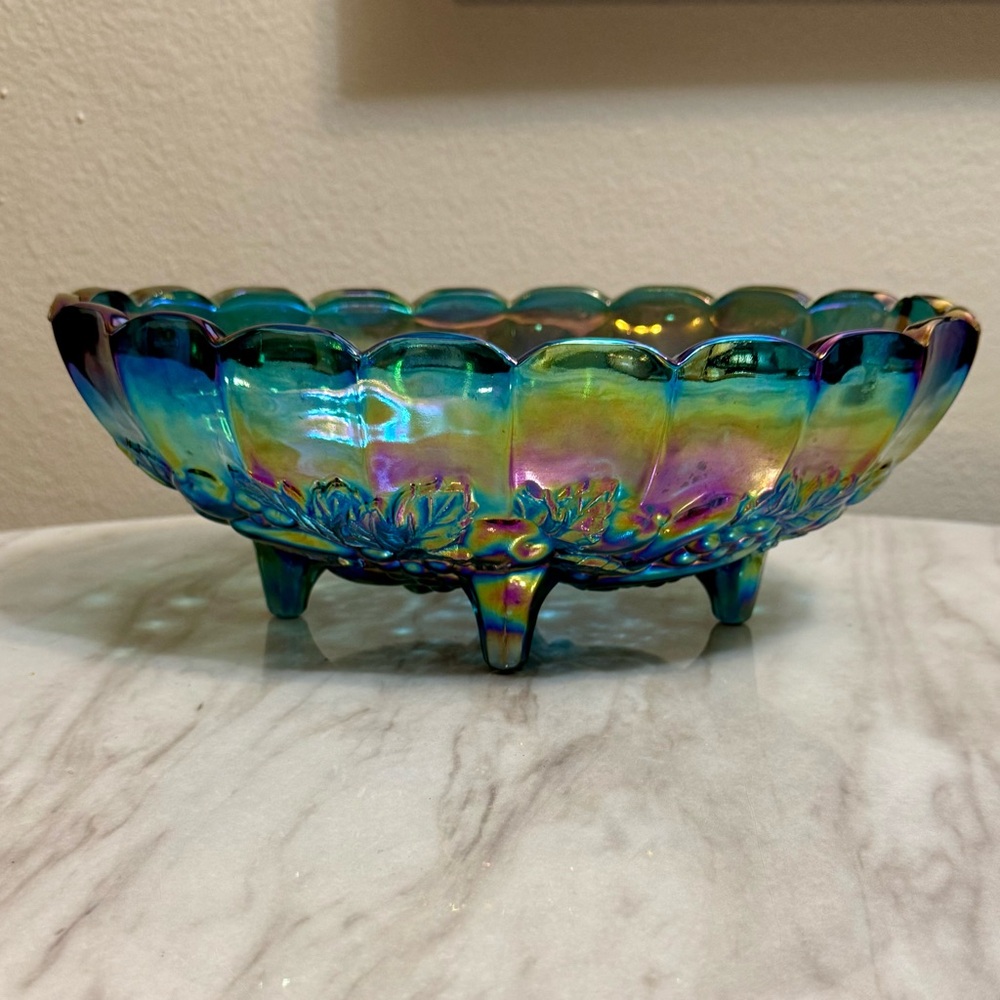 Indiana Blue Carnival Glass Harvest Grape Oval Center Bowl Fruit Footed Vintage